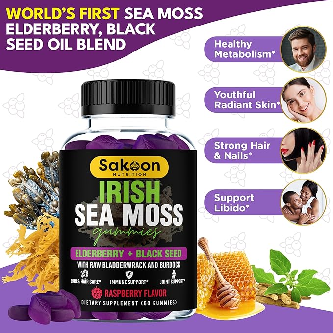 Sakoon nutrition Irish Sea Moss Gummies w/Elderberry & Black Seed Oil - Beauty, Joints & Immune Support | Rich in Vitamins, Raspberry Flavor | 60 Gummies