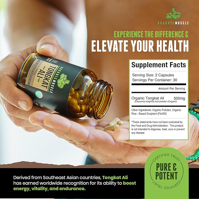 Organic Muscle Tongkat Ali for Men, 500mg - Pure & Potent USDA Eurycoma Longifolia Root Supplement 60 Count – Wild Grown Men's Health Hormone Support for Male Performance, Drive & Energizer