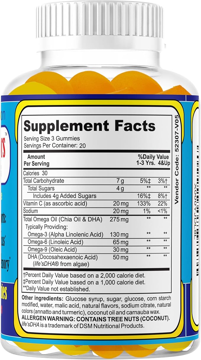 Littlewonders Kids Brain Supplements for Memory and Focus | Nootropics Brain Support Supplement | EPA DHA Omega 3 Childrens Vitamins | Vegan-Friendly, Non-GMO, Tasty Gummy Vitamins 60Ct