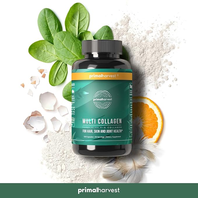 Primal Harvest Multi Collagen Pills for Women and Men (Type I, II, III, V, X) 120 Capsules w/Vitamin C for Hair, Skin, Nails