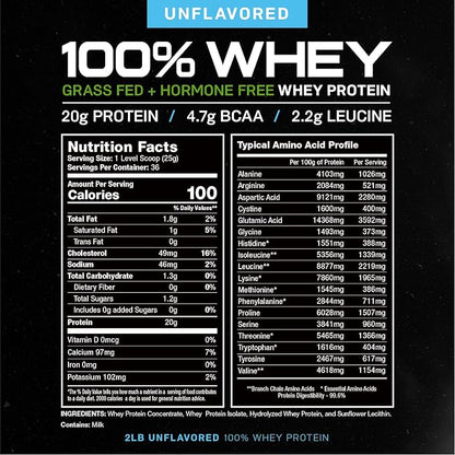 Muscle Feast 100% Grass-Fed Whey Protein, Pastured Raised Hormone Free All Natural, Unflavored, 2lb