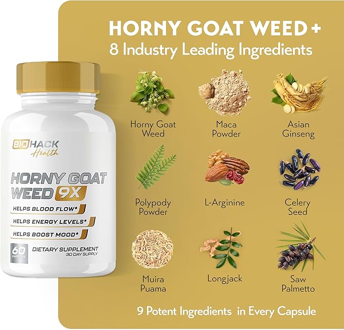 BioHack Health | HornyGoatWeed 9 in 1 Formula | 9 Active Ingredients for Blood Flow, Energy & Stamina | L-Arginine, Saw Palmetto + 7 More Ingredients | 3rd Party Tested Formula - 60 Capsules