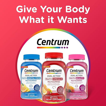 Centrum MultiGummies Multi+ Omega 3 Dual Action, Adult Multivitamin, Multivitamin/Multimineral/Omega 3 Supplement, Strawberry/Lemon/Orange Flavors - 110 Count