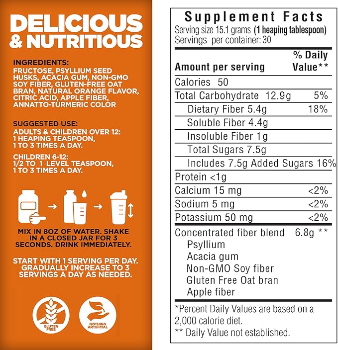 Yerba Prima Orange Daily Fiber Formula 1pound - Non-GMO, Gluten Free, Made in The USA, Delicious Natural Orange Flavor