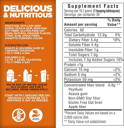 Yerba Prima Orange Daily Fiber Formula 1pound - Non-GMO, Gluten Free, Made in The USA, Delicious Natural Orange Flavor