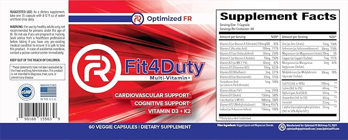 Fit4Duty Multivitamin+ for First Responders, One a Day Multivitamin Plus Other nutrients, 60 Servings, 2 Month Supply