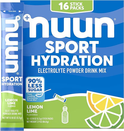 Nuun Sport Electrolyte Powder Packets - Lemon Lime Flavor | 5 Essential Electrolytes for Hydration | Easy Open Drink Mix with Magnesium | 1g Sugar | Non GMO, Vegan | 16 Single Serving Sticks