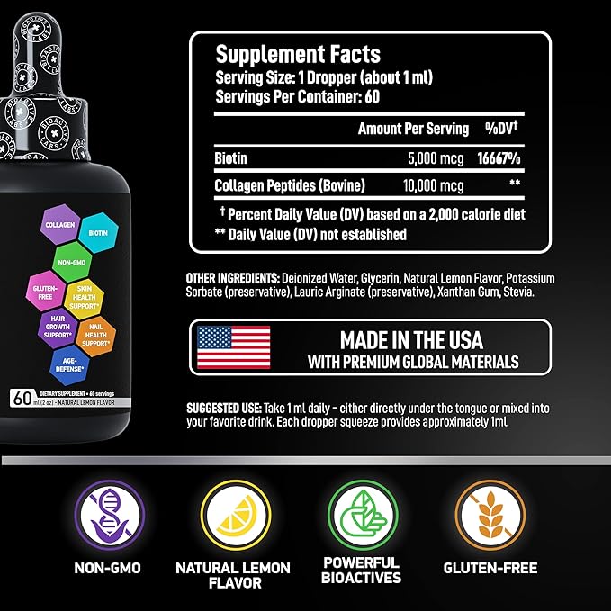 Hydrolyzed Liquid Collagen Peptides and Biotin - Hair Skin and Nails Collagen and Biotin Drops Supplement - Collagen Liquid for Women and Men - Lemon Collagen Type 1 and 3 Biotin Drop - 2-Pack, 2x60ml