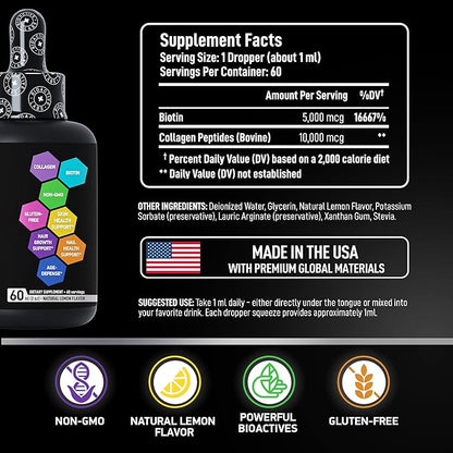 Hydrolyzed Liquid Collagen Peptides and Biotin - Hair Skin and Nails Collagen and Biotin Drops Supplement - Collagen Liquid for Women and Men - Lemon Collagen Type 1 and 3 Biotin Drop - 60ml
