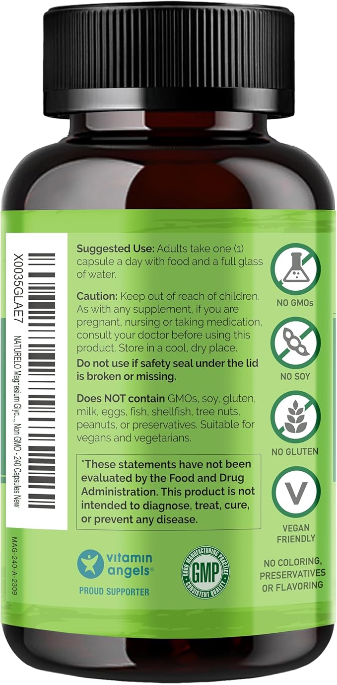 NATURELO Magnesium Glycinate Supplement - 200 mg Glycinate Chelate with Organic Vegetables to Support Sleep, Calm, Muscle Cramp & Stress Relief – Gluten Free, Non GMO - 240 Capsules