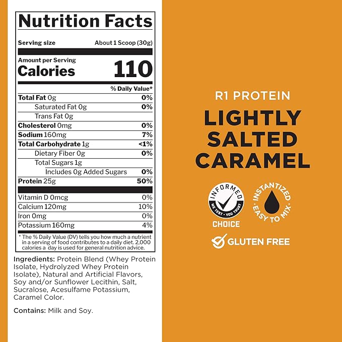 Rule One Proteins R1 Protein - 25g Fast-Acting, Super-Pure 100% Isolate and Hydrolysate Protein Powder with 6g BCAAs (5 Pounds*, Lightly Salted Caramel)