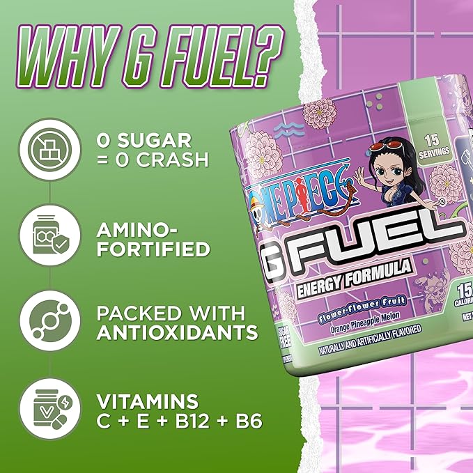 G Fuel ONE Piece Flower-Flower Energy Drink Powder, Pre Workout Caffeine Powder, Energy Powder Drink Mix for Gaming, Sugar Free Focus Amino + Antioxidants, 3.7oz (Orange Pineapple Melon, 15 Servings)