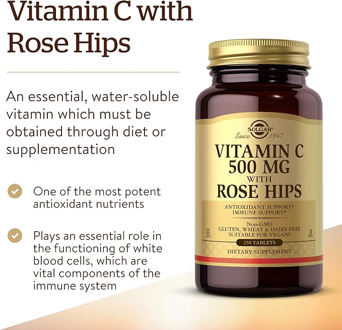 Solgar Vitamin C 500 mg with Rose Hips, 250 Tablets - Antioxidant & Immune Support - Overall Health - Supports Healthy Skin & Joints - Non GMO, Vegan, Gluten Free, Dairy Free, Kosher - 250 Servings