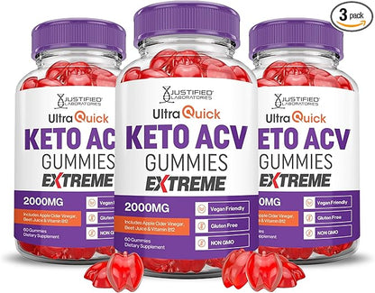 (3 Pack) Ultra Quick Keto ACV Gummies Extreme 2000MG Ultraquick Keto Gummies Apple Cider Vinegar Formulated with Pomegranate Beet Juice Powder B12 Vegan Non GMO 180 Gummys