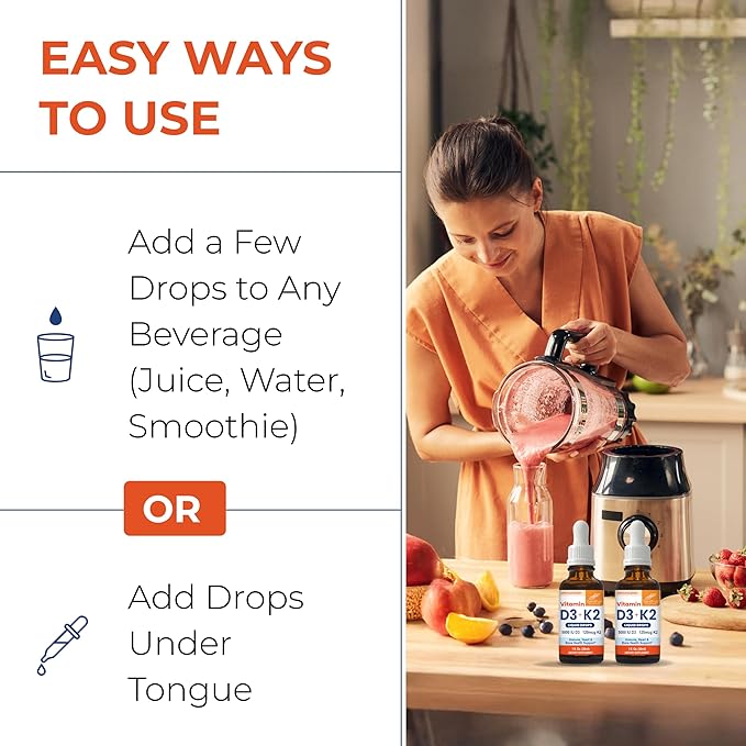 Sandhu's Vitamin D3 K2 Drops for Adults | 5000 IU D3 Liquid, 120mcg K2 Supplement | Supports Immune Health | 1 Fl Oz (Pack of 2)