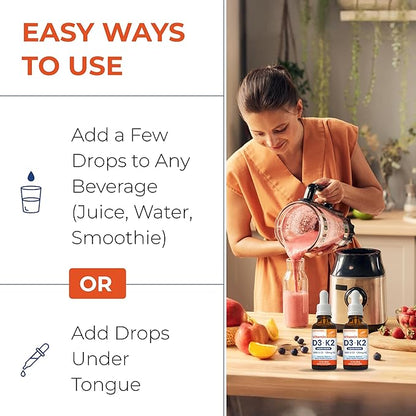 Sandhu's Vitamin D3 K2 Drops for Adults | 5000 IU D3 Liquid, 120mcg K2 Supplement | Supports Immune Health | 1 Fl Oz (Pack of 2)