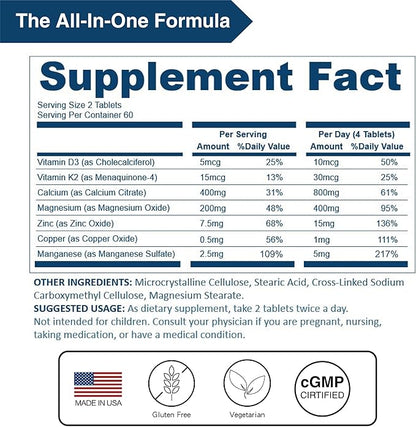 Calcium 800 mg | Highly Absorbable Bone Support with Magnesium, Vitamin D3 & K2 | Plus Zinc, Copper & Manganese | Vegan Supplement, 120 Tablets