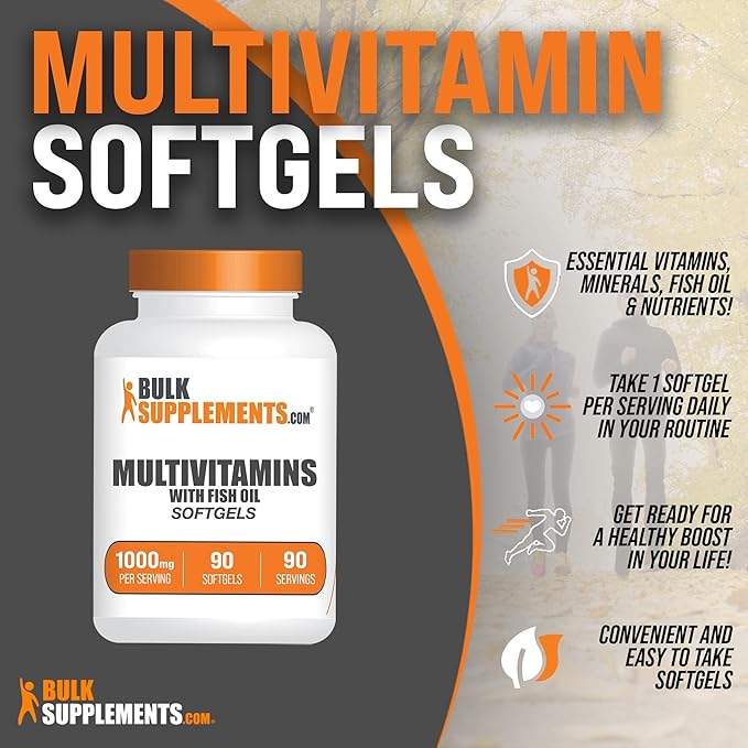 BulkSupplements.com Multivitamin Softgels - Daily Multivitamin, Multimineral Supplement, Multivitamin for Adults wit Fish Oil - Gluten Free, 1 Softgel per Serving, 90 Count (Pack of 1)