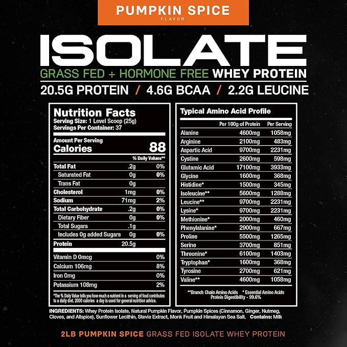 Muscle Feast Grass-Fed Whey Protein Isolate, All Natural Hormone Free Pasture Raised, Pumpkin Spice, 2lb