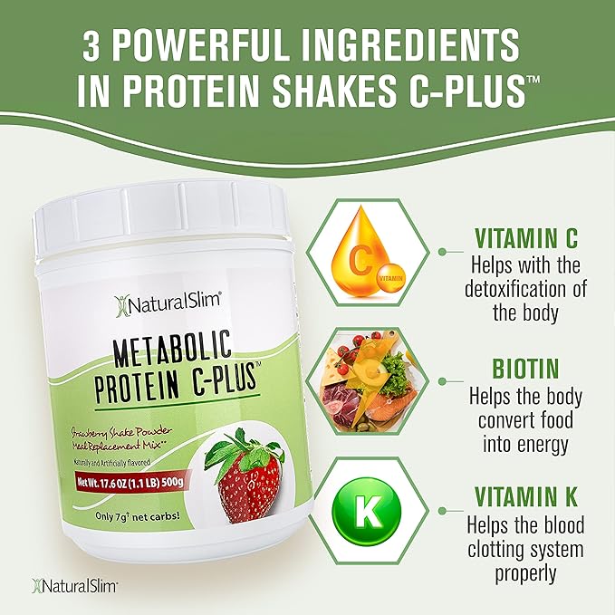 NaturalSlim Strawberry Metabolic C-Plus Meal Replacement Protein Powder - Low Carb Protein Shake with Immune Support Fortified with Vitamin C, Zinc & Amino Acid - 10 Servings 17.6 oz