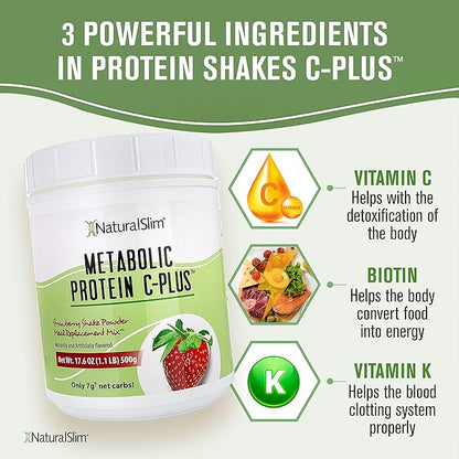 NaturalSlim Strawberry Metabolic C-Plus Meal Replacement Protein Powder - Low Carb Protein Shake with Immune Support Fortified with Vitamin C, Zinc & Amino Acid - 10 Servings 17.6 oz