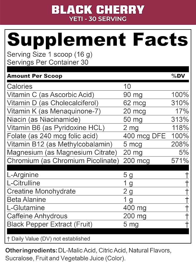 MTN OPS Yeti Monster Pre-Workout Powder Energy Drink 30-Serving Tub, Black Cherry