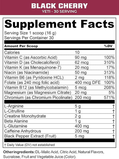 MTN OPS Yeti Monster Pre-Workout Powder Energy Drink 30-Serving Tub, Black Cherry