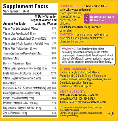 Nature Made Prenatal Multivitamin with Folic Acid, Prenatal Vitamin and Mineral Supplement for Daily Nutritional Support, 250 Tablets, 250 Day Supply