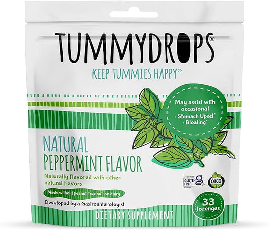 Tummydrops, Natural Peppermint, Gluten Free & Vegan, 33 Individually Wrapped Pure Peppermint Oil Lozenges Made with Organic Ingredients