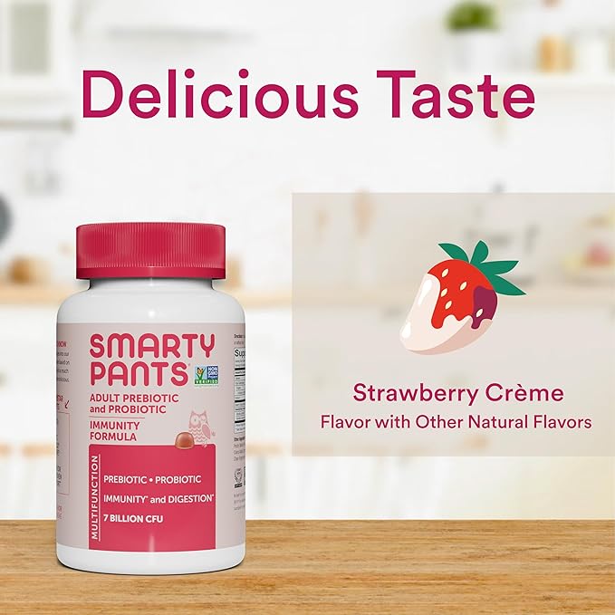SmartyPants Men's & Women's Probiotic Immunity Gummies: Prebiotics & Probiotics for Digestive Health & Immune Support Supplement, Gluten Free, Vegan, Strawberry Crème Flavor, 60 Count (30 Day Supply)