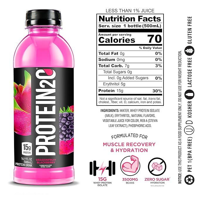 Protein2o 15g Whey Protein Isolate Infused Water, Ready To Drink, Sugar Free, Gluten Free, Lactose Free, No Artificial Sweeteners, Dragonfruit Blackberry, 16.9 oz Bottle (Pack of 12)