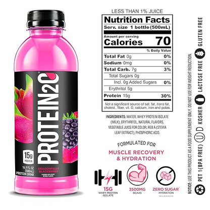 Protein2o 15g Whey Protein Isolate Infused Water, Ready To Drink, Sugar Free, Gluten Free, Lactose Free, No Artificial Sweeteners, Dragonfruit Blackberry, 16.9 oz Bottle (Pack of 12)