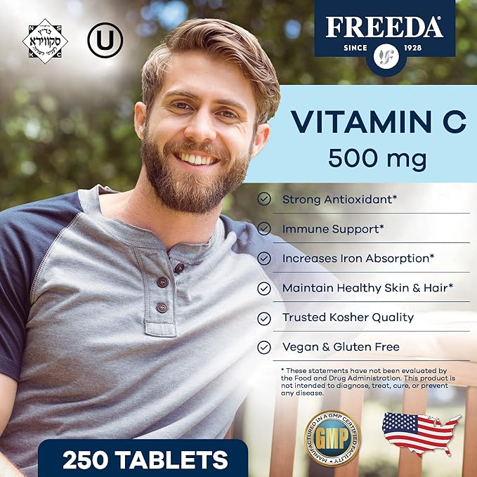 FREEDA Vitamin C - Vegan Vitamin C 500mg - Kosher - Powerful Antioxidant Immune Support - Easy to Swallow Vitamins C Tablets as Ascorbic Acid - Pure Vitamin C 500 mg - VIT C Supplement (250 Count)