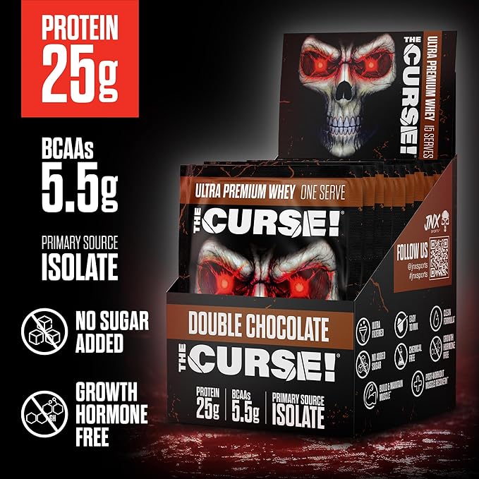 JNX SPORTS The Curse! Ultra Premium Whey Protein Powder Double Chocolate 15 Box Samples | 25g Protein Per Serve, Primary Source Whey Isolate