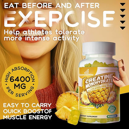 Creatine Monohydrate Gummies Complex 6400mg for Men & Women -Advanced Formula W/L-Taurine + Vitamin B12, Sugar Free Chewable Supplement,90 Pineapple Gummies