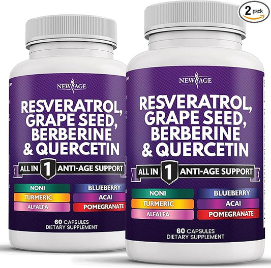 NEW AGE Resveratrol, Berberine, Grape Seed Extract, Quercetin, Polyphenol Supplement for Women and Men with Noni Extract, N-Acetyl Cysteine, Acai Extract - 120 Capsules