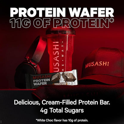 MUSASHI Protein Wafer Bar, 11g Protein, 4g Total Sugars, Chocolate Flavored, Post Workout and Protein Snack On The Go, 12 Pack of 1.4oz (40g) Bars