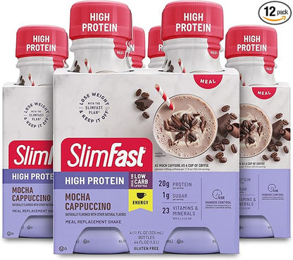 SlimFast Advanced Energy High Protein Meal Replacement Shake, Mocha Cappuccino, 20g of Ready to Drink Protein with Caffeine, 11 Fl. Oz Bottle, 4 Count (Pack of 3) (Packaging May Vary)