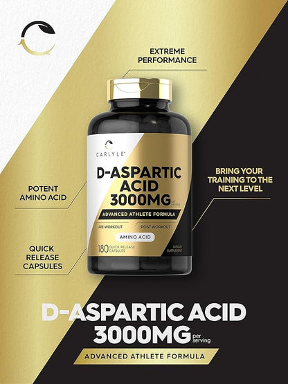 Carlyle D Aspartic Acid Capsules (DAA) | 3000mg | 180 Count | Non-GMO, Gluten Free Supplement | Advanced Athlete Formula