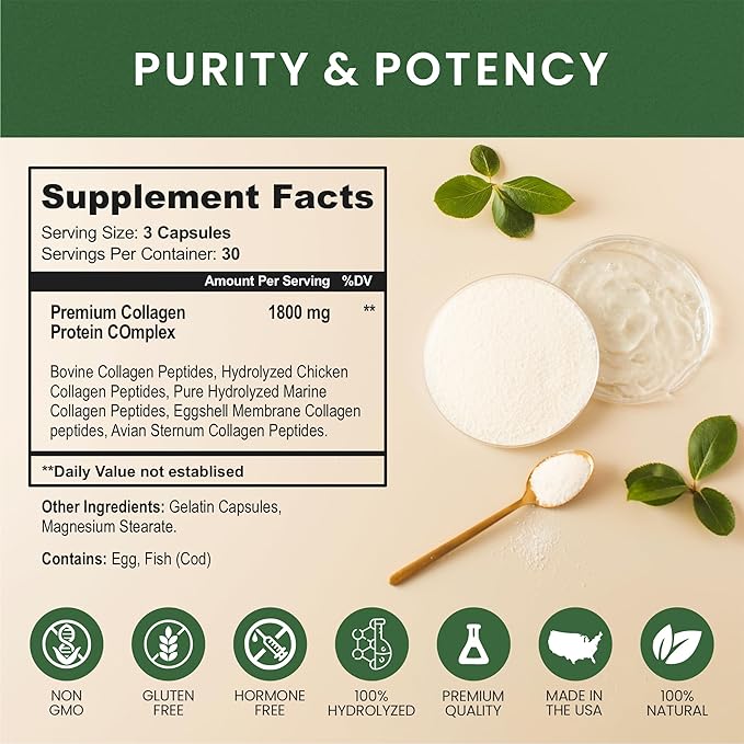 Multi Collagen Protein Peptides Supplement Capsules - 1800mg Collagen Complex Types I, II, III, V, X - Joint Support, Healthy Hair, Skin, Nails, Beauty Vitamins, 100% Natural, Non-GMO 270ct (3)