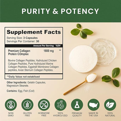Multi Collagen Protein Peptides Supplement Capsules - 1800mg Collagen Complex Types I, II, III, V, X - Joint Support, Healthy Hair, Skin, Nails, Beauty Vitamins, 100% Natural, Non-GMO 180ct (2)