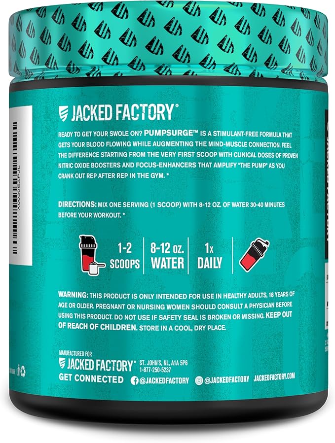 Jacked Factory Pumpsurge Caffeine Free Pre Workout for Men & Women - Nootropic Booster & Stim Free Pre Workout - Intense Pumps, Enhanced Focus - 30 Servings, Cherry Limeade
