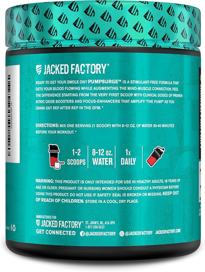 Jacked Factory Pumpsurge Caffeine Free Pre Workout for Men & Women - Nootropic Booster & Stim Free Pre Workout - Intense Pumps, Enhanced Focus - 30 Servings, Cherry Limeade