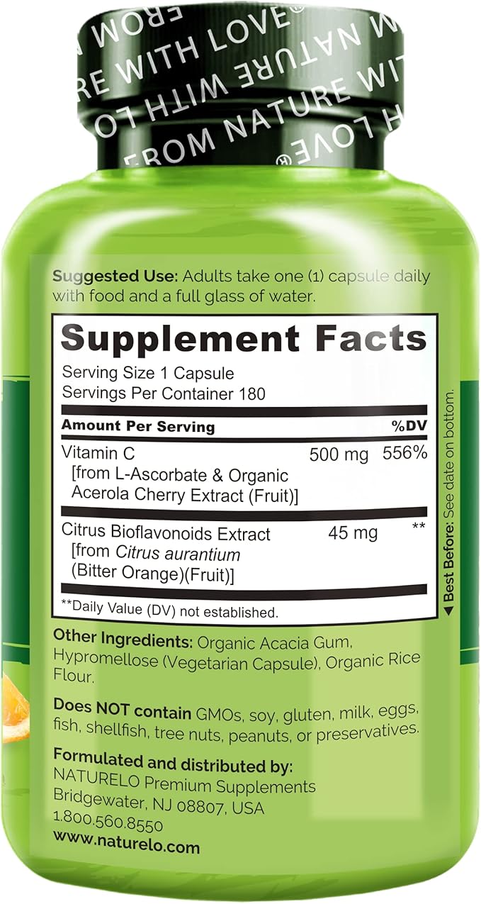 NATURELO Vitamin C with Organic Acerola Cherry Extract and Citrus Bioflavonoids - Vegan Supplement - Immune Support - 500 mg VIT C per Cap - Non-GMO - 180 Capsules