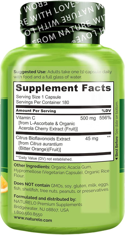 NATURELO Vitamin C with Organic Acerola Cherry Extract and Citrus Bioflavonoids - Vegan Supplement - Immune Support - 500 mg VIT C per Cap - Non-GMO - 180 Capsules