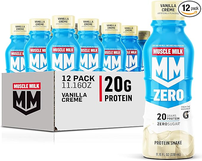 Muscle Milk Zero Protein Shake, Vanilla Crème, 20g Protein, Zero Sugar, 100 Calories, Calcium, Vitamins A, C & D, 4g Fiber, Energizing Snack, Workout Recovery, Packaging May Vary 11.16 Fl Oz (Pack of 12)