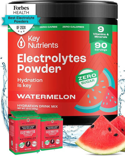 KEY NUTRIENTS Multivitamin Electrolytes Powder No Sugar - Refreshing Watermelon Electrolyte Powder - Endurance & Energy Supplement - Hydration Powder - No Calories - 90 Servings - Made in USA
