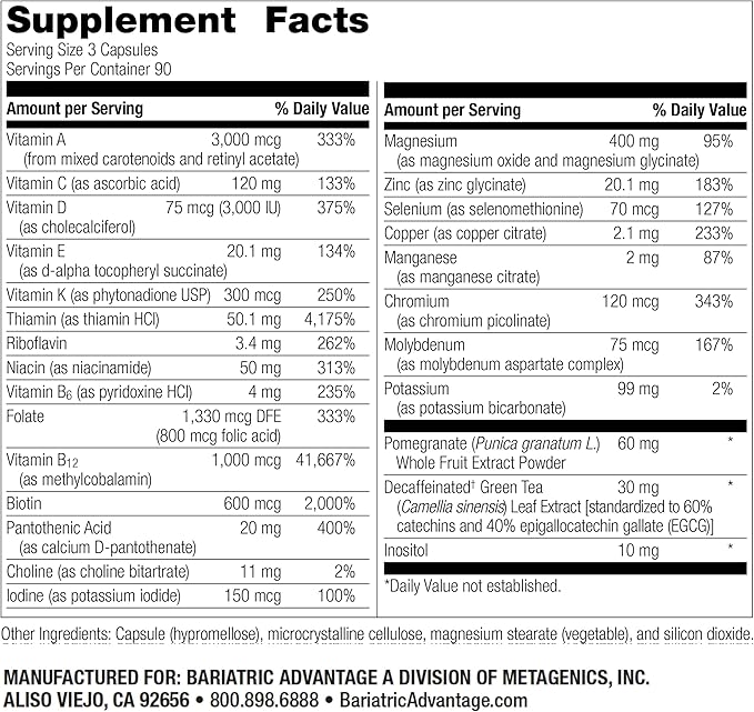 Bariatric Advantage Ultra Multi Without Iron - High Potency Multivitamin - for Bariatric Surgery Patients - Bariatric Multivitamin Capsule - with Calcium, Vitamin C & More - 270 Capsules