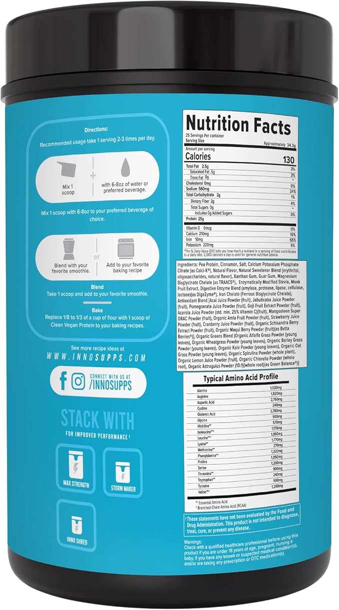 InnoSupps Clean Vegan Protein - Plant Based, Vegan, Natural, No Artificial Sweeteners, No Gluten, No Dairy. Lactose Free, Low Carbs, Low Fat, No Sugar Added, Soy Free, Non-GMO (Cinnamon French Toast)