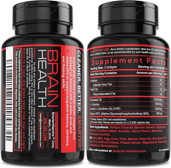 Smarter Brain Support Nootropic Supplement, Brain Booster & Memory Support, Made with Alpha-GPC, L-Tyrosine & Acetyl L-Carnitine ALCAR, Flaxseed Oil, ALA DHA Brain Booster 60 Softgel Energy Pills